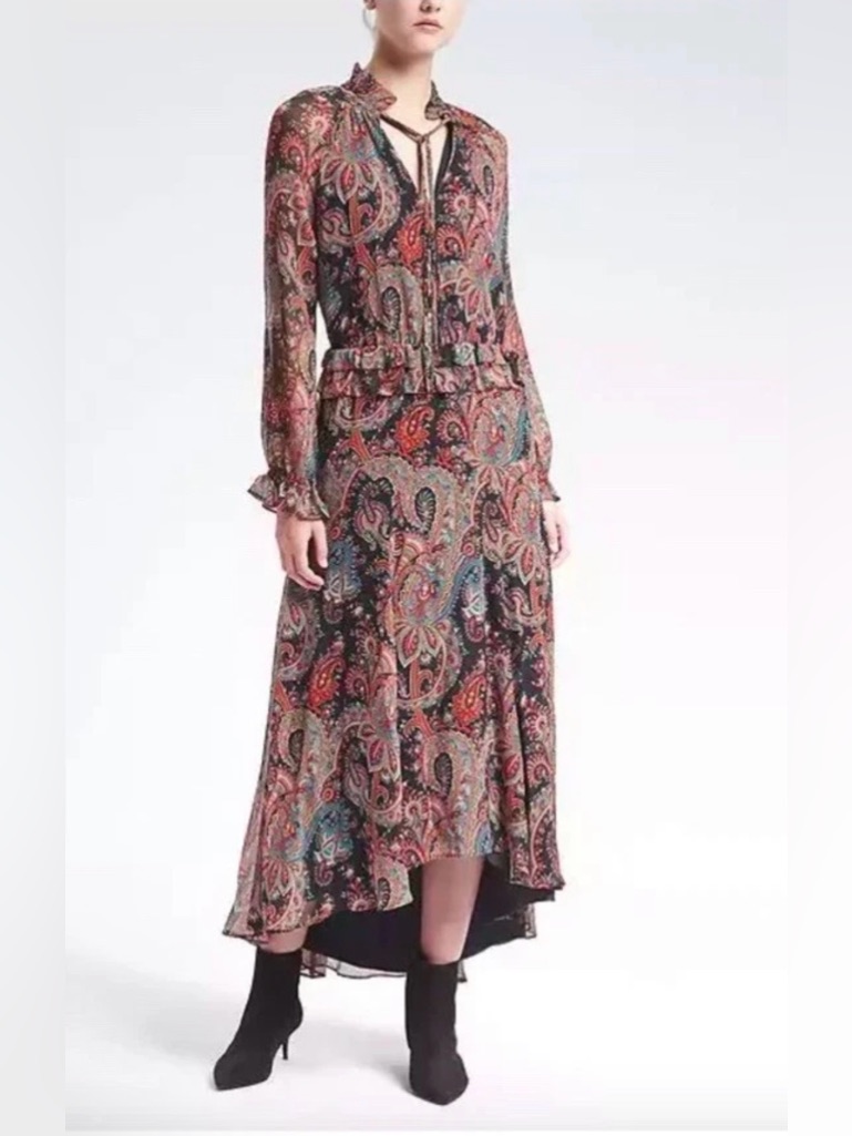 Banana Republic X Olivia Palermo Paisley Print Tie-Neck Silk Dress Size Xl